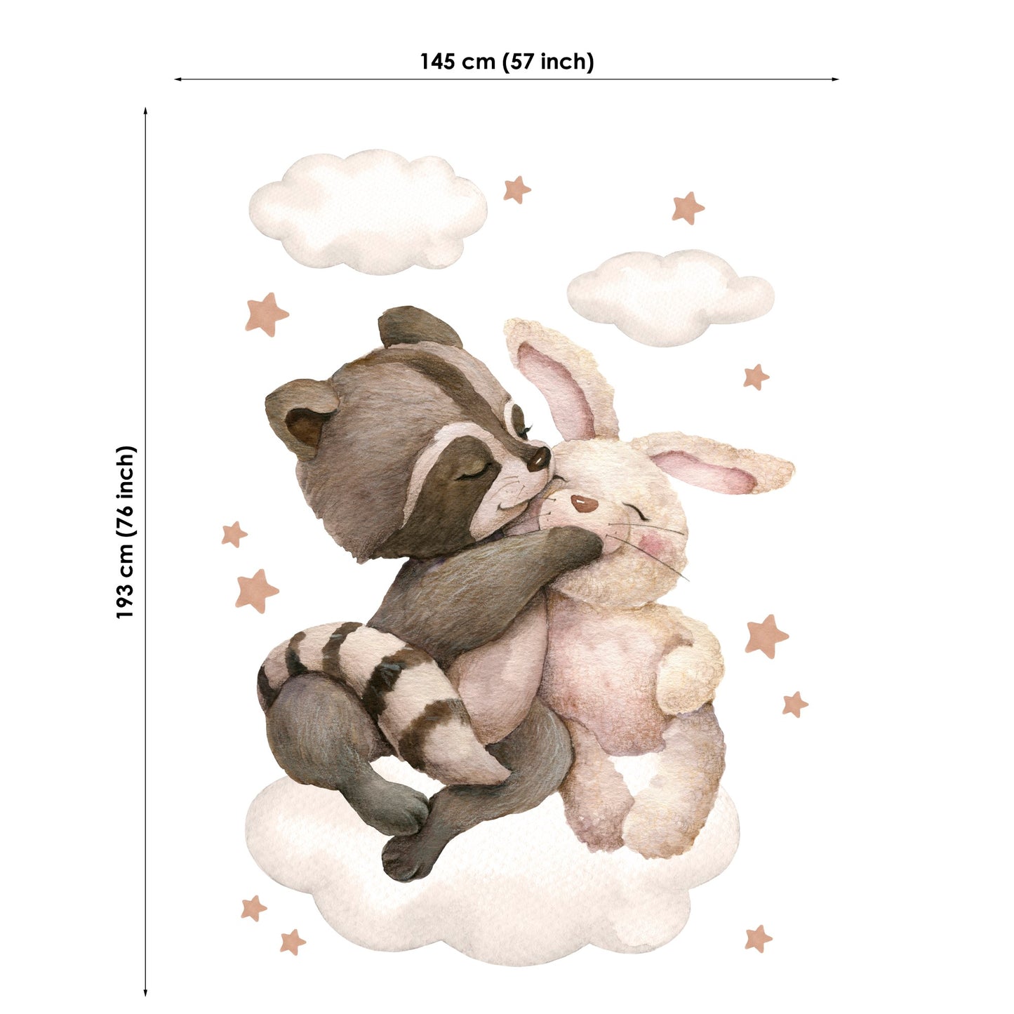 Fabric of a raccoon and rabbit hugging with cloud and star decorations, showing dimensions.