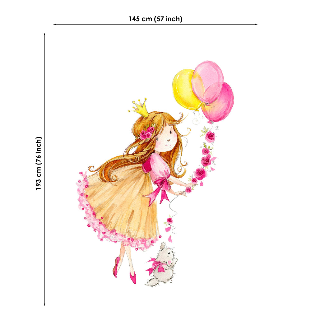 Fabric panel of a fairy with balloons and a teddy bear, with dimensions on a white background.