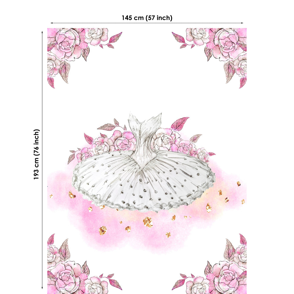 Fabric panel of a white dress with pink floral and leaf patterns, including measurements.