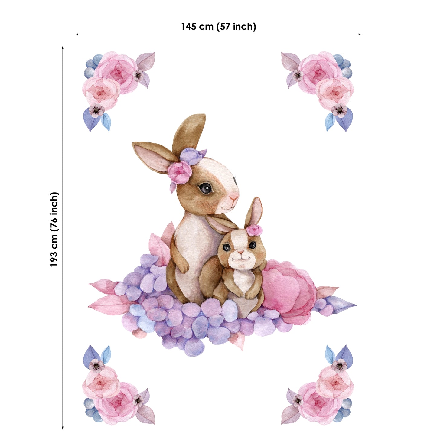 Wall decal of two rabbits with flowers and measurements on a white background