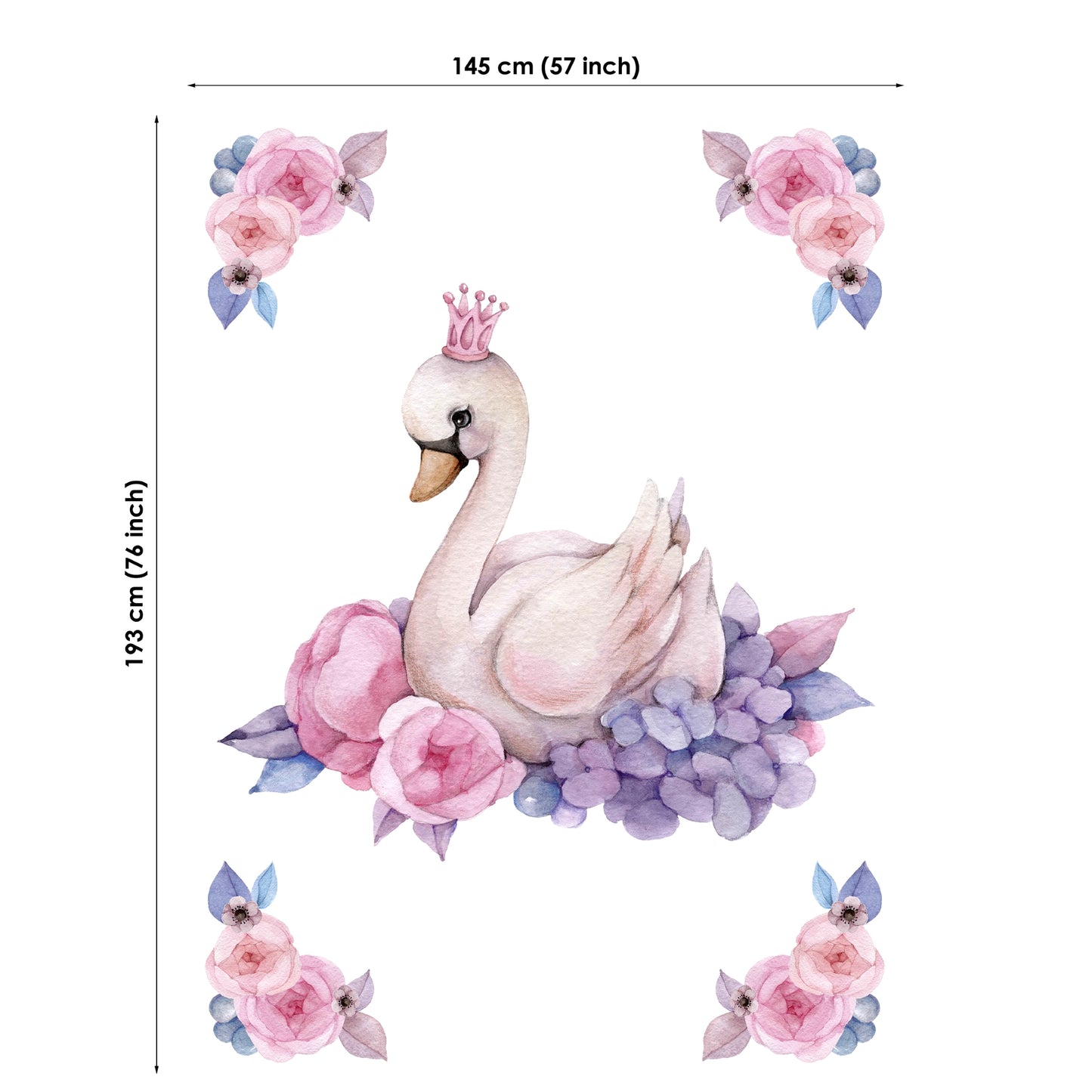 Decorative wall sticker of a swan with flowers and a crown, with dimensions indicated.