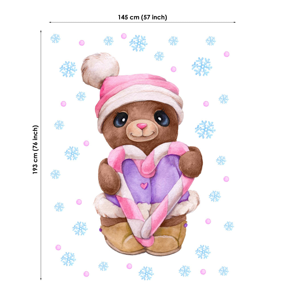 Fabric panel of a teddy bear holding a heart-shaped candy cane with measurements on a white background.