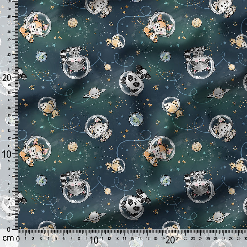Fabric with space-themed design featuring astronauts, planets, and stars on a dark blue background.