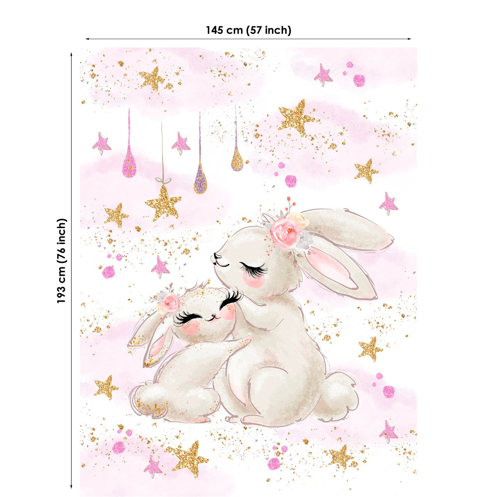 Fabric panel with two cartoon bunnies and decorative elements on a pink background with star and heart shapes (145x193cm)