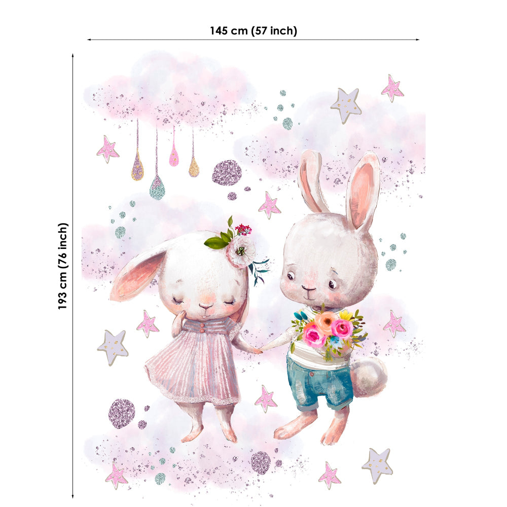 Fabric panel of two rabbits holding hands with stars and flowers, featuring dimensions on a white background.