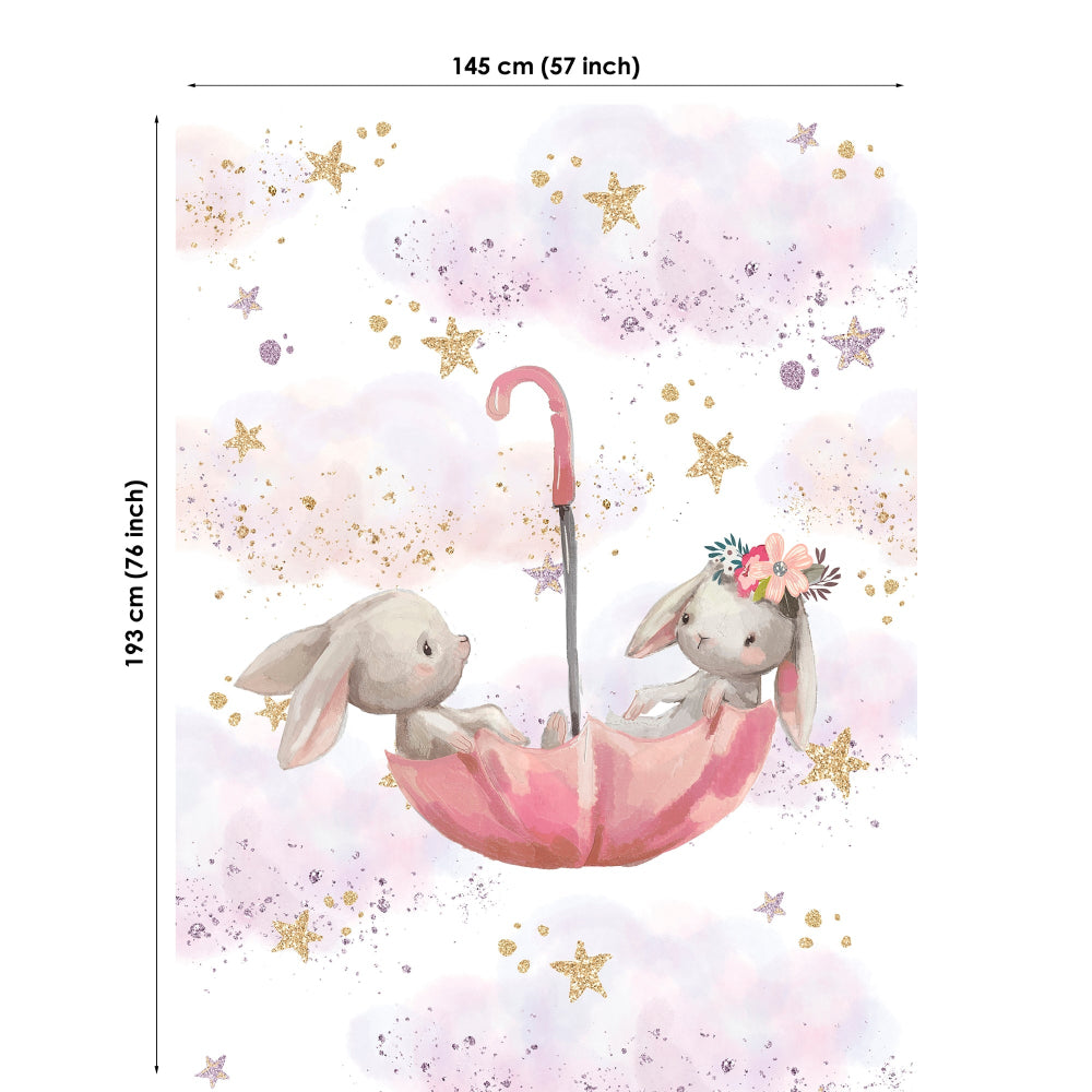 Fabric panel of two rabbits under an umbrella with star decorations, showing dimensions.