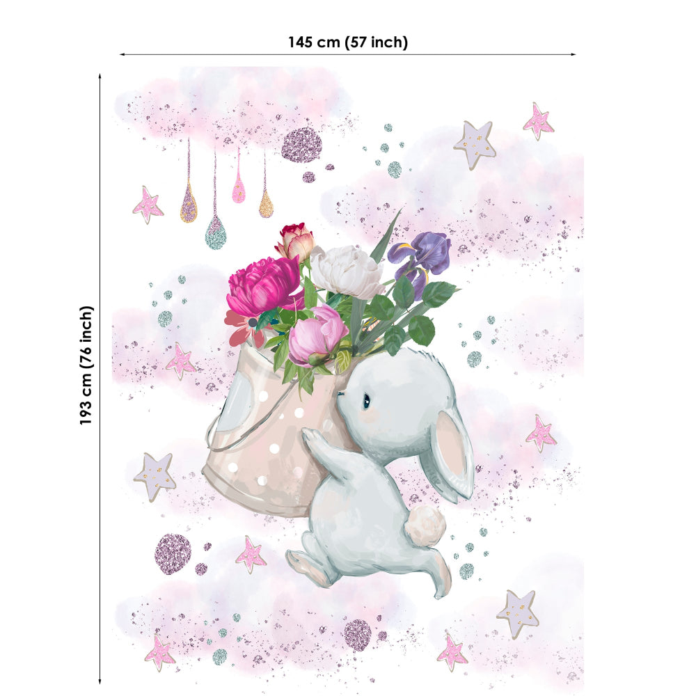 Fabric panel with bunny and flowers in a vase on a light pink background with stars.