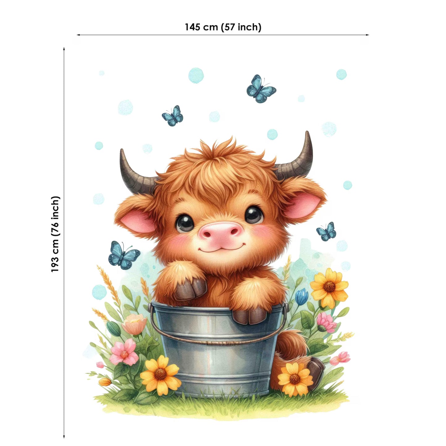 Blanket of a fluffy Highland Cow in a bucket with flowers and butterflies, including dimensions.