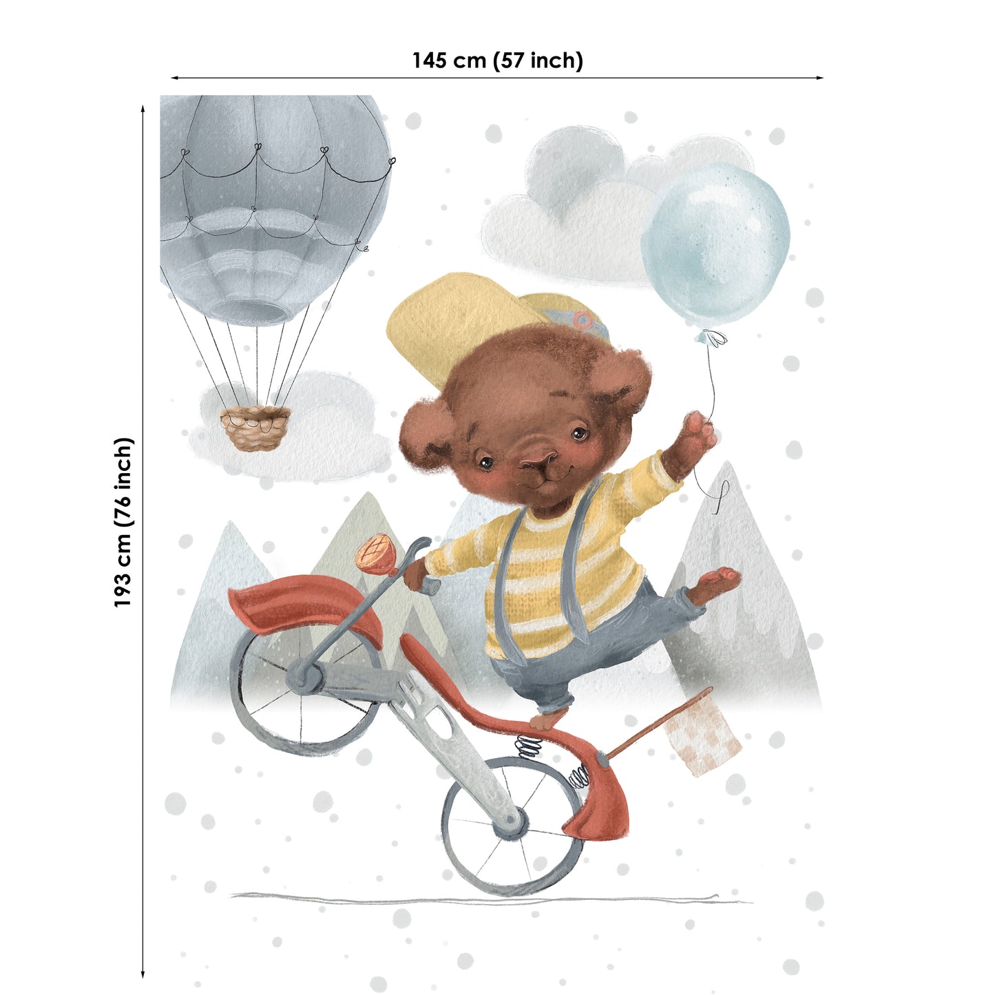 Illustration of a bear on a bicycle with balloons and hot air balloons in the background, with dimensions provided.