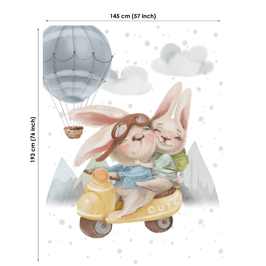 Wall decal of two rabbits on a scooter with a hot air balloon in the background, featuring dimensions.