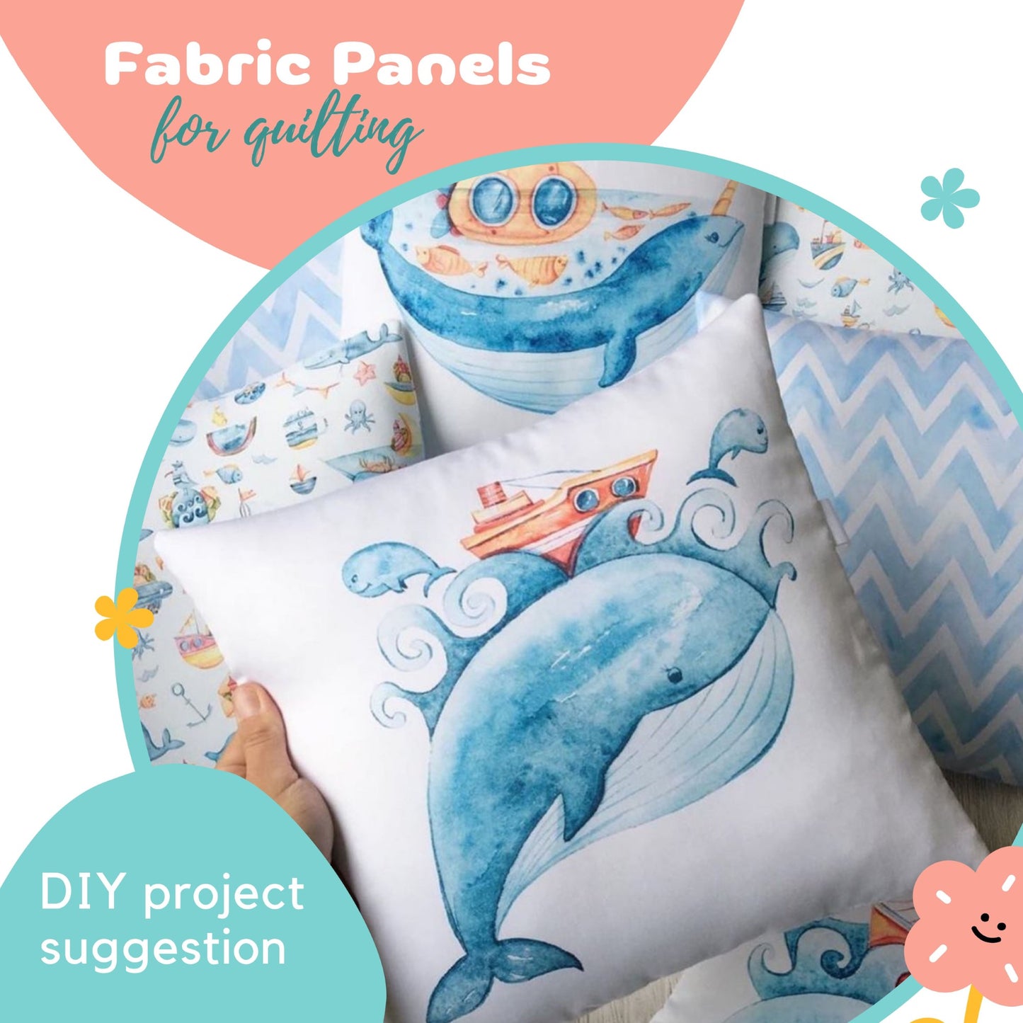 Cute Sea Whale Baby Fabric Panels for Quilting
