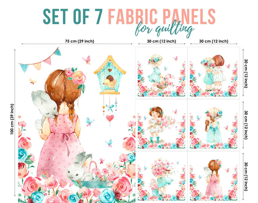 A set of 7 fabric panels featuring fabric with little girls in pink and blue dresses with floral and garden elements.