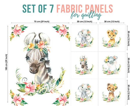 A set of 7 fabric panels with a jungle safari theme, featuring illustrations of an antelope, giraffe, zebra, and other animals among floral elements.