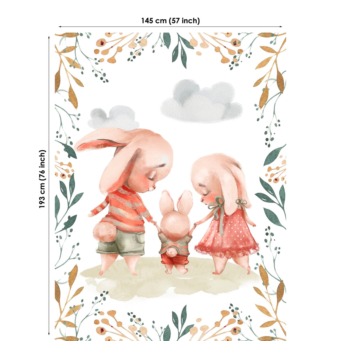 Illustration of three cartoon bunnies holding hands with floral and cloud decorations.