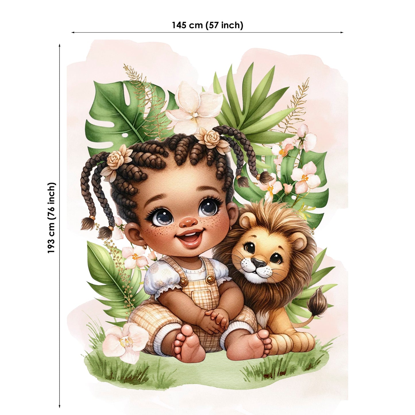 Illustration of a child with braids and a lion surrounded by foliage and flowers, with dimensions displayed.
