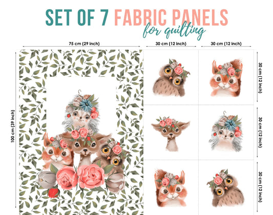 Set of 7 fabric panels featuring cute animal designs with floral elements, intended for quilting and crafts.