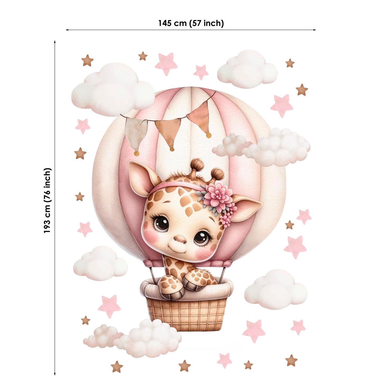 Fabric panel of a giraffe in a hot air balloon with measurements on a white background