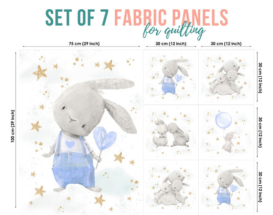 Set of 7 fabric panels featuring a cute bunny design with blue and white colors and various sizes indicated in the image.