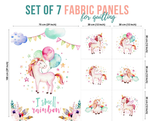Set of 7 fabric panels featuring colorful unicorn designs on a background with balloons and party decorations, with text indicating the size of the panels.
