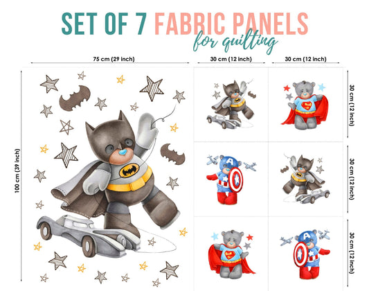 Set of 7 fabric panels for quilting with superhero-themed designs on a white background.