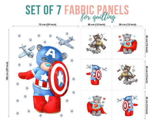 Set of 7 fabric panels for quilting featuring superhero-themed designs.