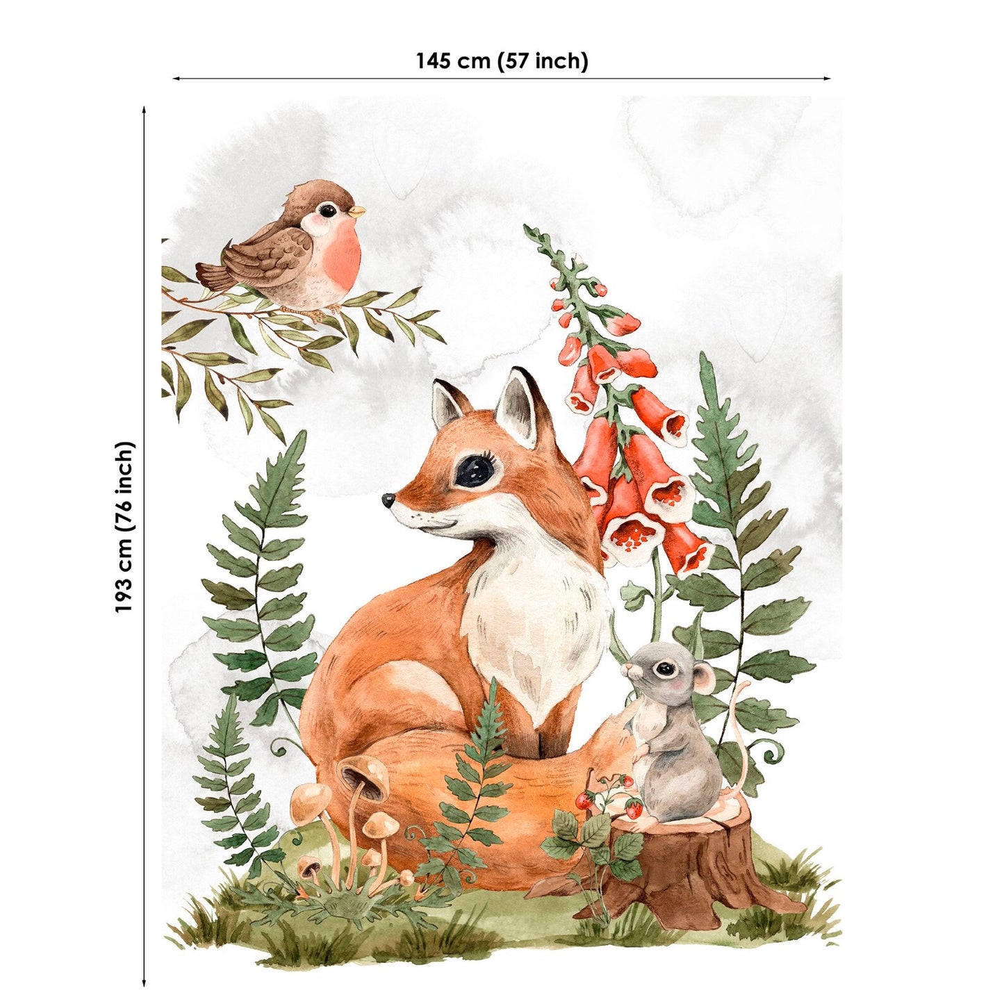 Illustration of a fox and mouse on a log with plants and a bird, with dimensions displayed.