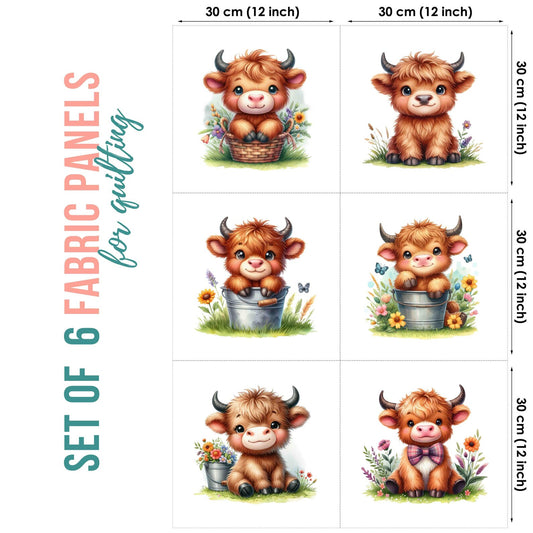 Set of 6 fabric panels with cartoon Highland cows and measurements