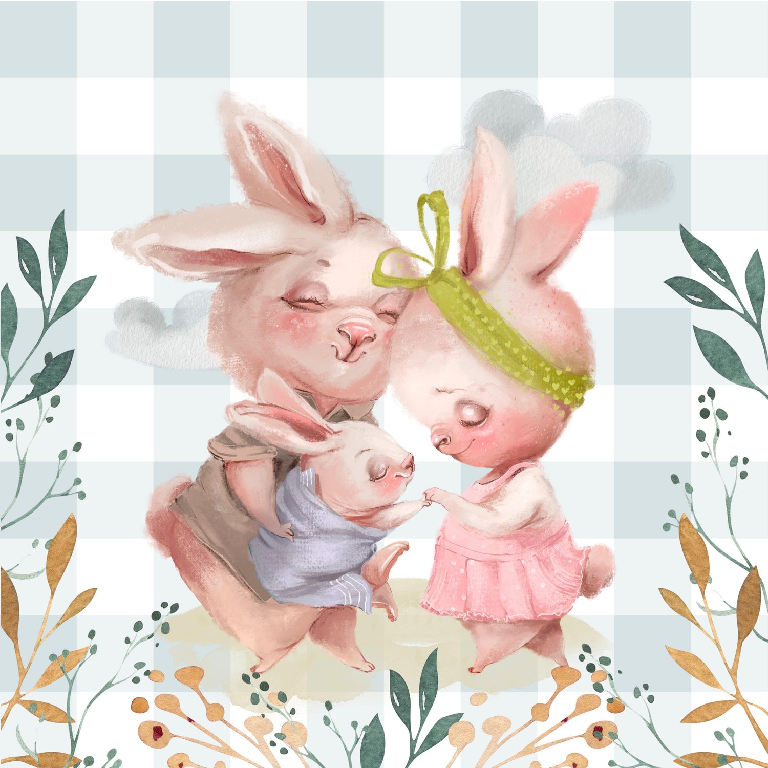 Cotton fabric with a print of cute bunny family