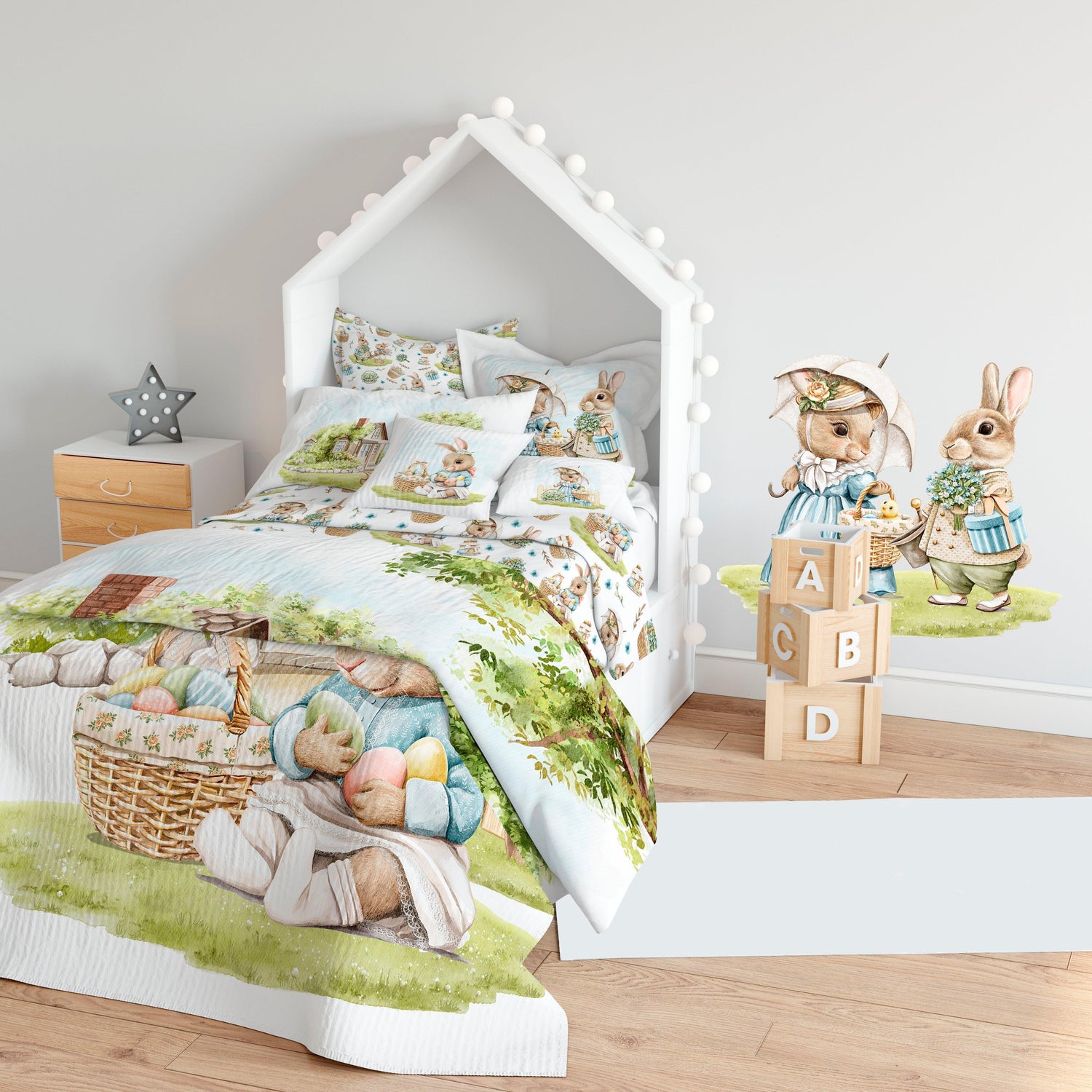 Bedding with a print of peter rabbit