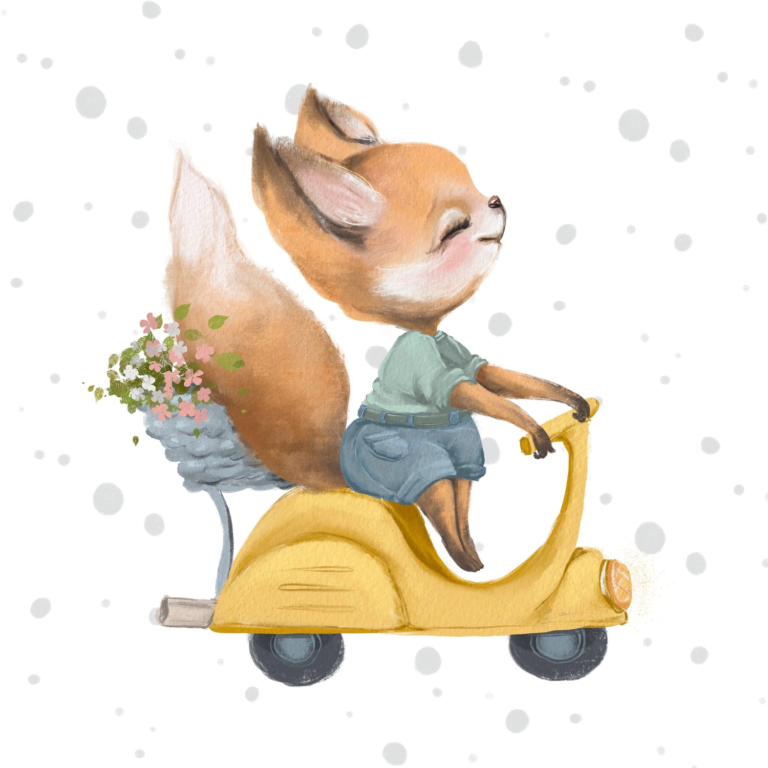 Cotton fabric with a print of smiling fox on yellow scooter 