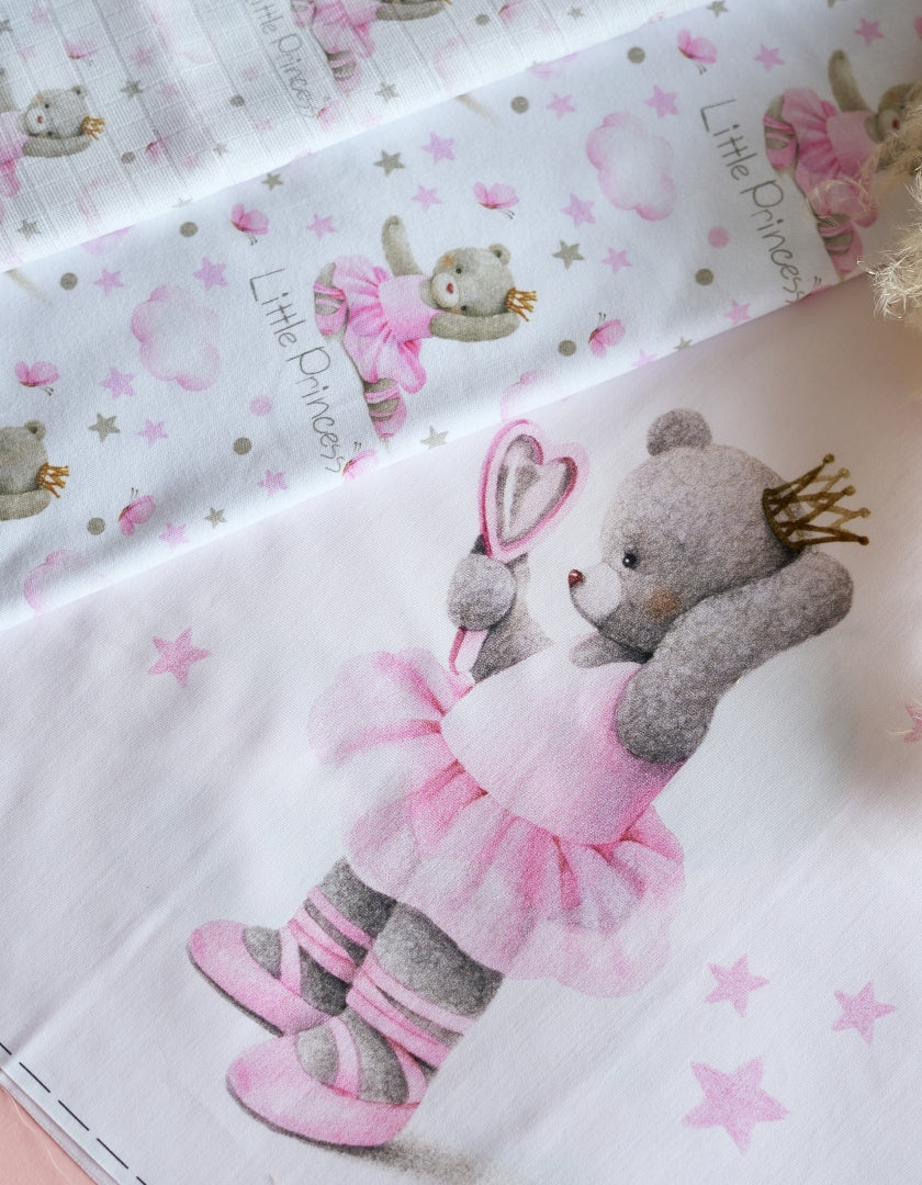 Cotton fabric with a print of cute baby bear in pink ballerina costume