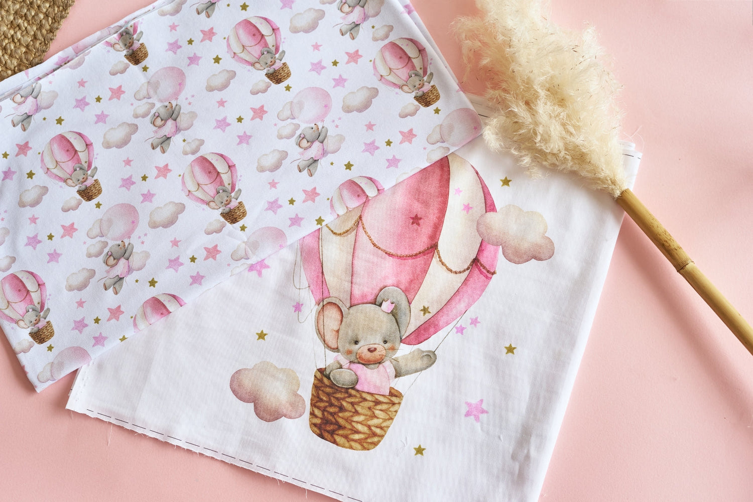 Cotton fabric with a print of pink mouse