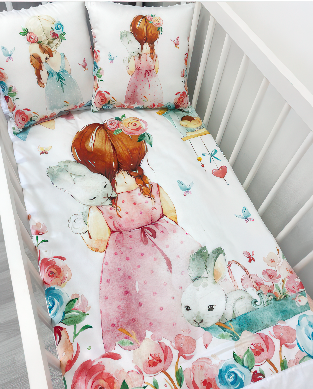 Bedding with a print of dark-hair girl with rabbit