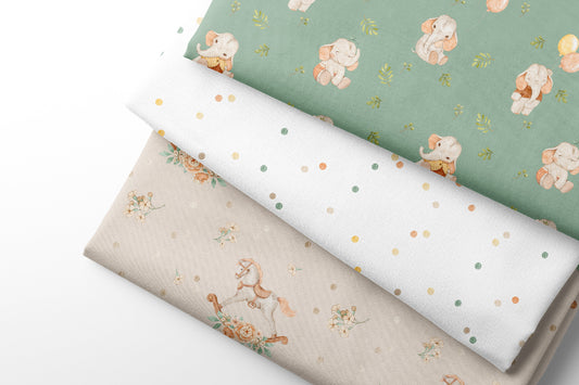 Three fabric swatches with different patterns on a white background