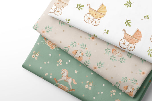 Three fabric sheets with different elephants patterns on a white background