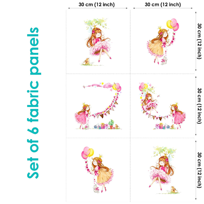Set of 6 fabric panels with fairy designs, each 30 cm x 30 cm.