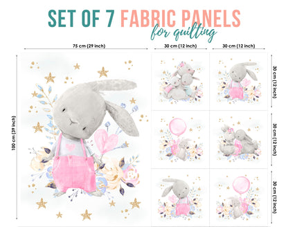 Set of 7 fabric panels featuring cute bunny designs in various sizes, with a pink and green color scheme and floral elements.