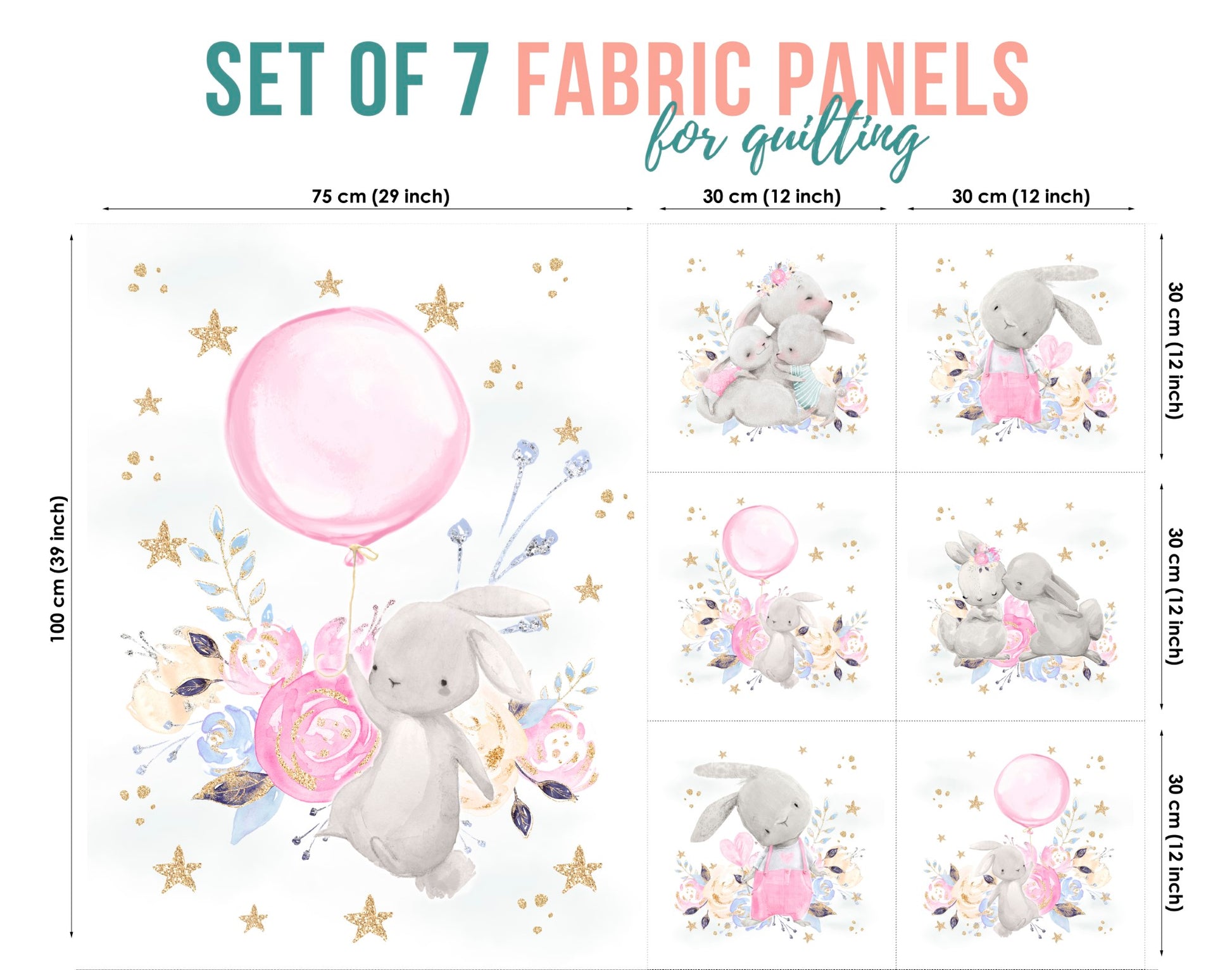 Set of 7 fabric panels featuring various designs with bunny characters and floral patterns, intended for quilting and sewing projects.