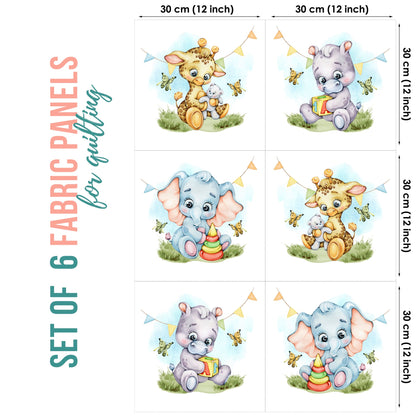 Set of 6 fabric panels featuring colorful illustrations of baby animals, each panel is 30x30cm in size.