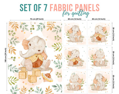 A set of seven fabric panels featuring cute baby elephant designs, with various sizes listed, intended for sewing quilts or crafts.