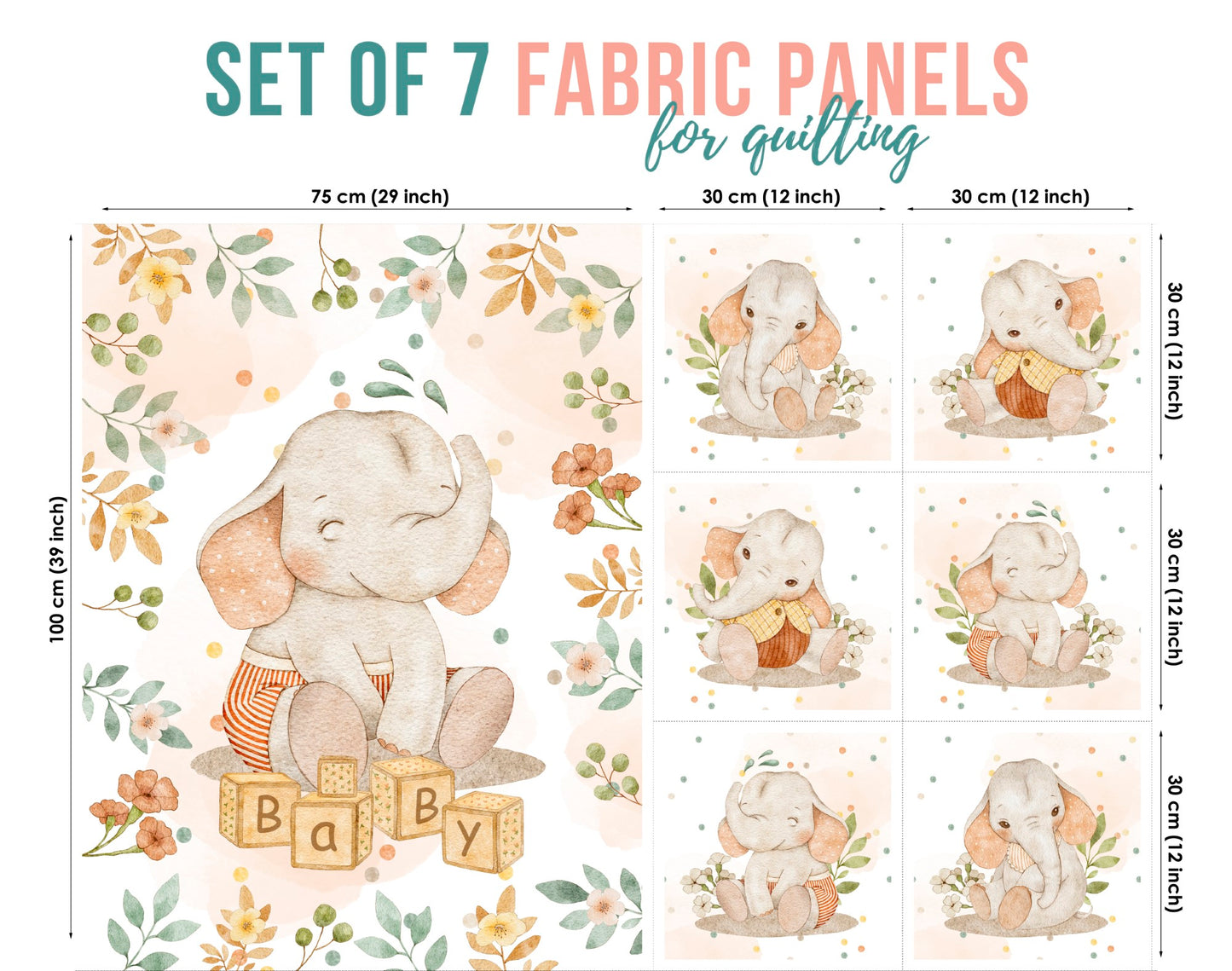 Set of 7 fabric panels featuring a cute baby elephant design with floral elements and the text 'BABY' on a quilted background.