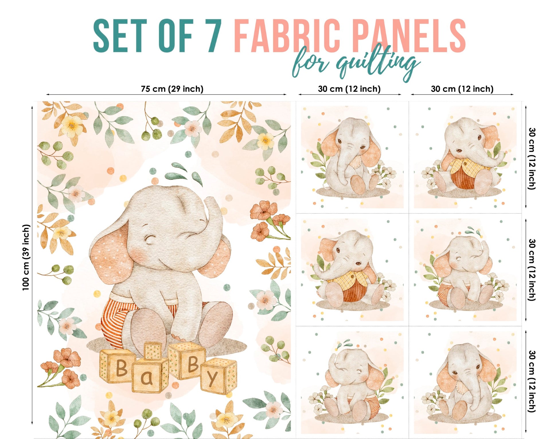 Set of 7 fabric panels featuring a cute baby elephant design with floral elements and the text 'BABY' on a quilted background.