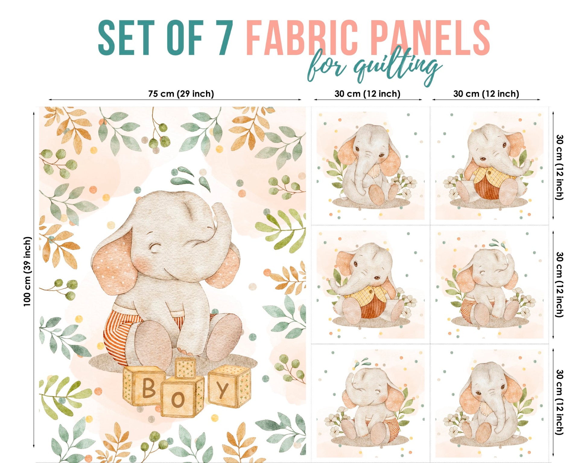 A set of seven fabric panels featuring cute baby elephant designs, with various sizes listed, intended for quilting and crafting.