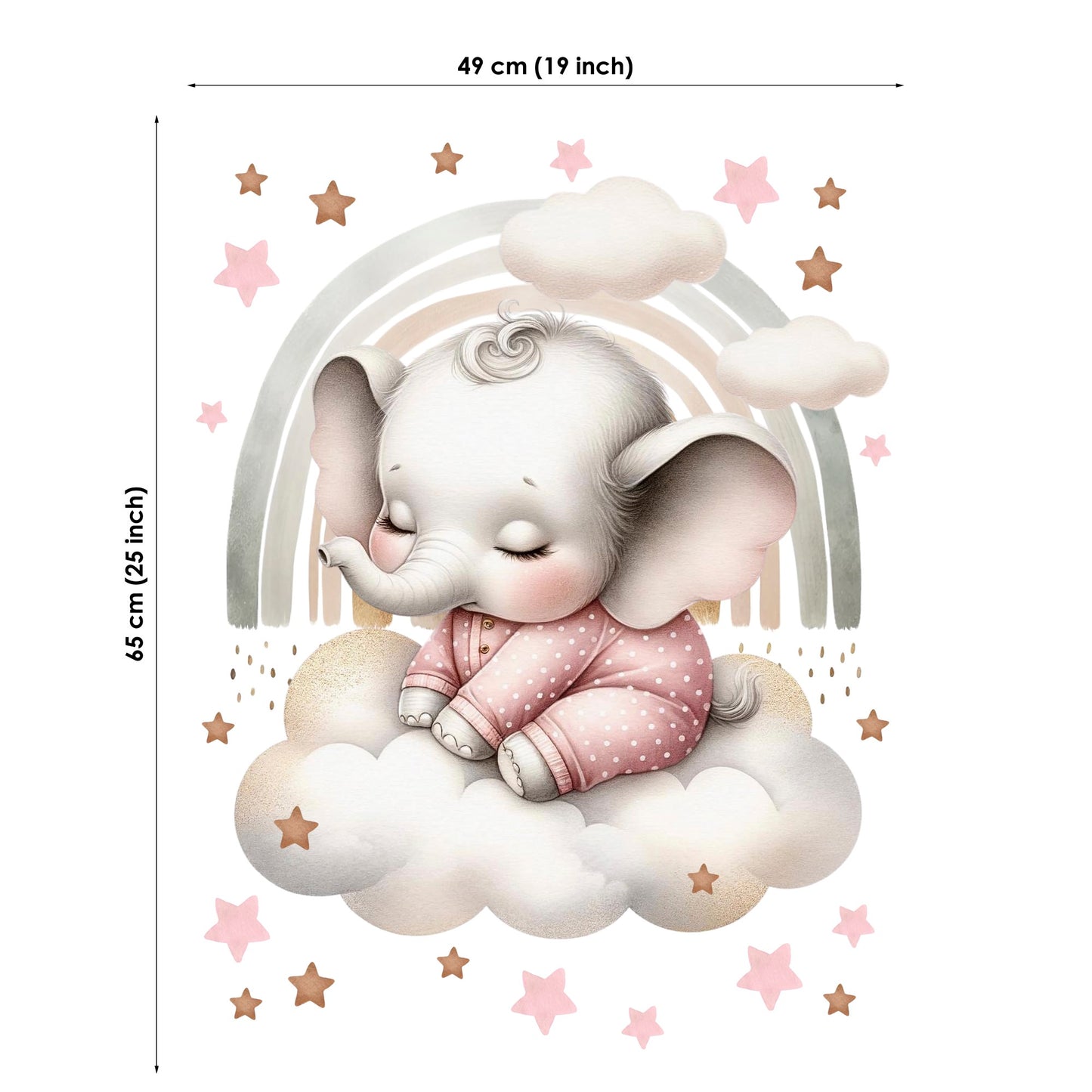 Wall decal of a baby elephant sitting on a cloud with a rainbow and stars, showing dimensions.