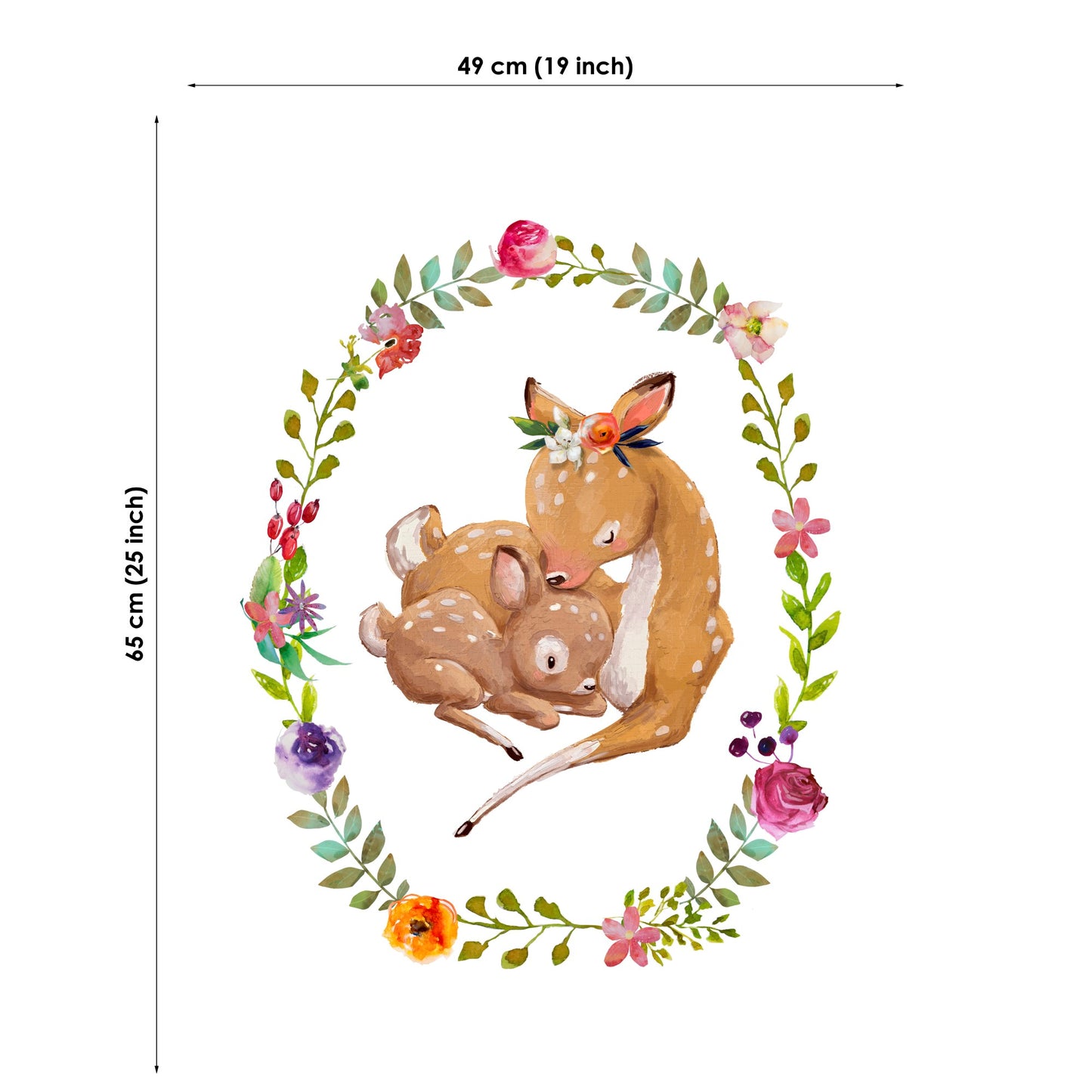 Illustration of two deer surrounded by flowers with dimensions on a white background