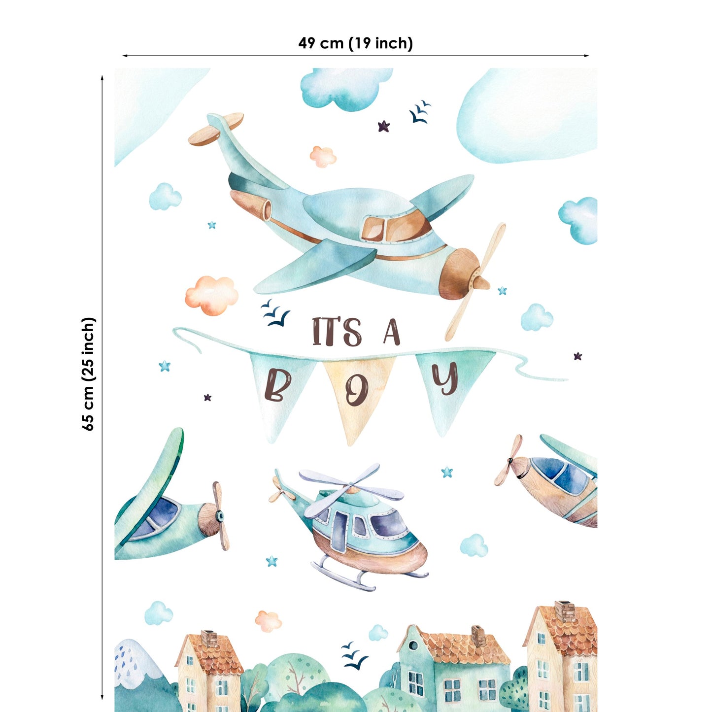Decorative wall sticker with airplane, helicopter, and 'It's a Boy' banner design.
