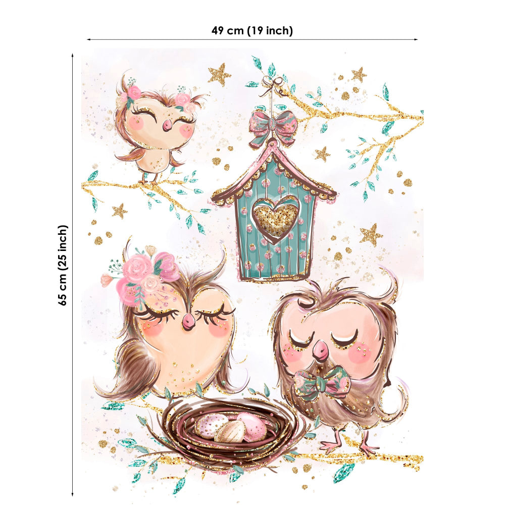 Baby blanket with owls, a birdhouse, and nest on a white background with measurements.