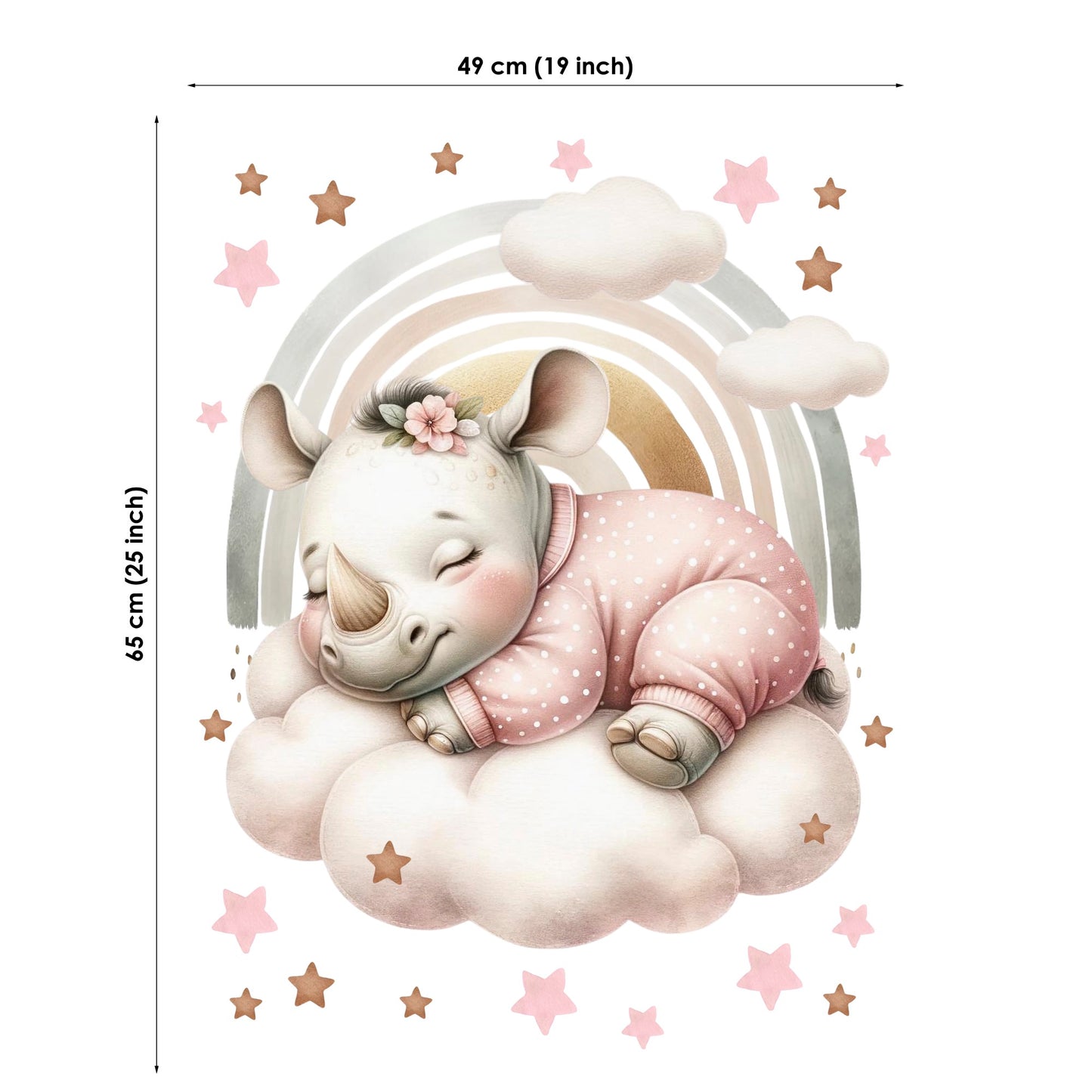 Illustration of a rhino in a pink outfit on a cloud with stars and a rainbow, with dimensions provided.