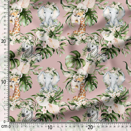 Fabric with baby animals and floral pattern on a pink background, measured with a ruler.