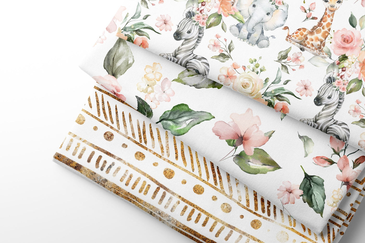 Floral and animal patterned fabric with zebra, giraffe, and flowers on a white background